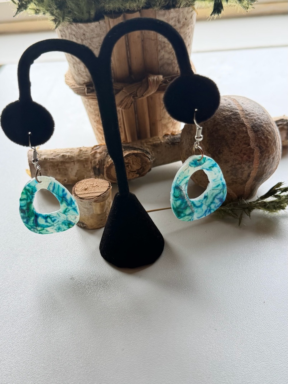 Handmade Teal & White Marbled Open Teardrop Earrings - Women Jewelry